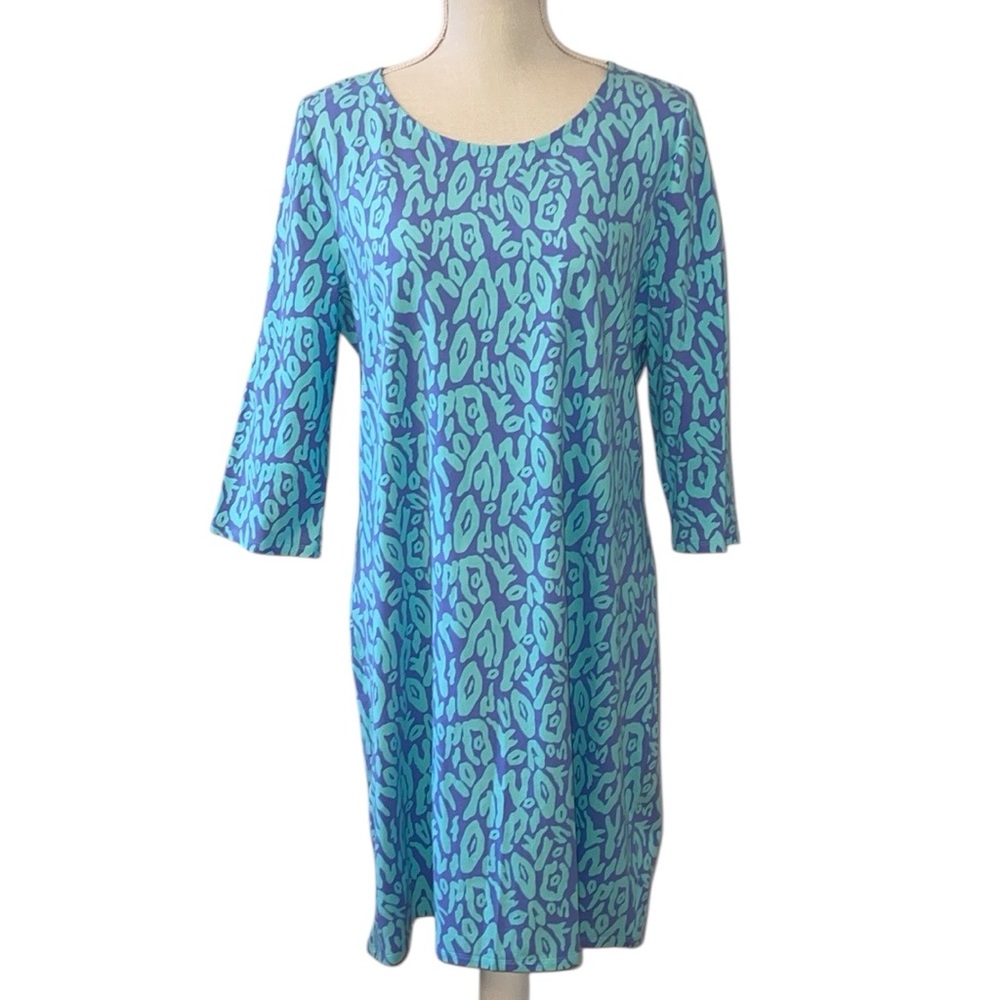 HiHo‎ Blue Teal Leopard Print 3/4 Sleeve Cotton Sailing Shirt Dress Size Large
